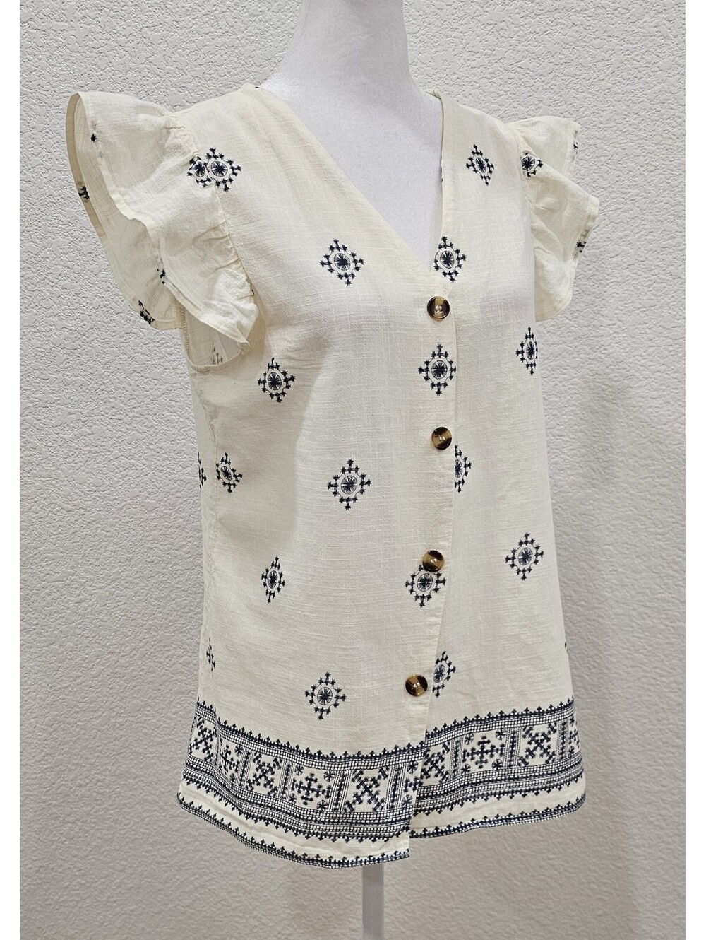 Mulaya Collection Madrid Women's M 100% Cotton Cream Blue Print Crop Boho Top